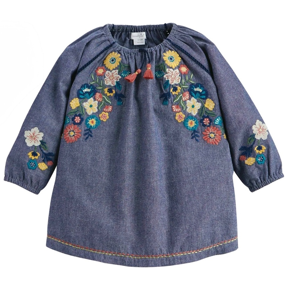 Mud Pie Chambray Embroidered Floral Dress